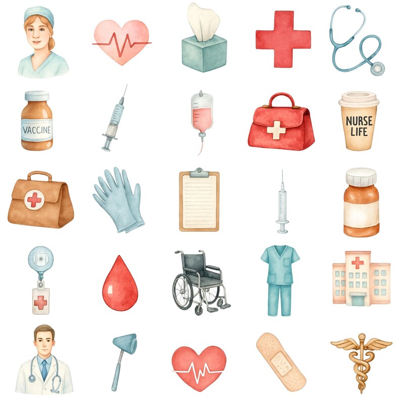 Puede incluir: Ilustraciones en acuarela de art&iacute;culos m&eacute;dicos, que incluyen una enfermera, un coraz&oacute;n con una l&iacute;nea de pulso, pa&ntilde;uelos de papel, una cruz roja, un estetoscopio, un frasco de vacuna, una jeringa, una bolsa intravenosa, un botiqu&iacute;n de primeros auxilios, una taza de caf&eacute; con el texto "NURSE LIFE" y m&aacute;s.
