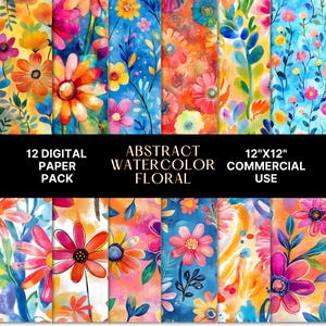 May include: Twelve digital paper pack featuring abstract watercolor floral patterns in bright colors like orange, yellow, pink, and blue. Each design is 12 inches by 12 inches and can be used for commercial purposes.