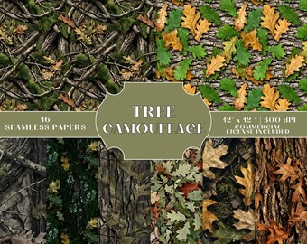 Tree Camouflage Seamless Digital Paper, Forest Camo Scrapbook Backgrounds, Commercial Use