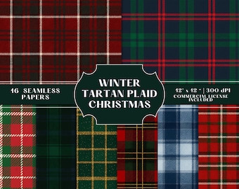 Tartan Plaid Digital Paper, Seamless Christmas Plaid Patterns, Red Green Gold Checkered Paper, Holiday Background, Commercial Use