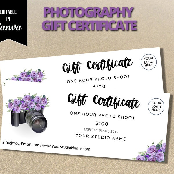 Editable Photography Gift Certificate, Printable Photo Session Gift Card, Canva Editable, Photo Session Voucher, Editable Gift Card