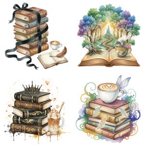 May include: Watercolor illustrations of books and coffee cups. One image shows a stack of books tied with a black ribbon. Another depicts an open book with a forest scene. Other images show stacks of books with coffee.