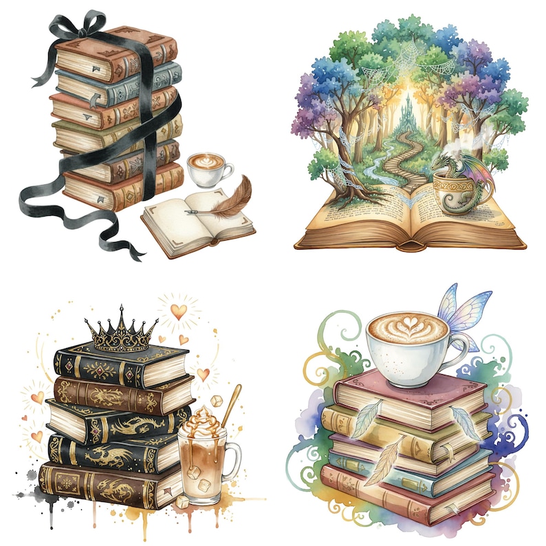 May include: Watercolor illustrations of books and coffee cups. One image shows a stack of books tied with a black ribbon. Another depicts an open book with a forest scene. Other images show stacks of books with coffee.