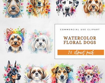 Watercolor Floral Dog Clipart Bundle, Pet Clip Art Png, Cute Puppy Graphics, Digital Download for Sublimation & Crafts, Commercial Use