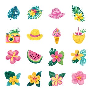 May include: A set of 12 colorful summer themed illustrations, including a watermelon slice, a coconut with a straw, a pink hat, a camera, a tropical flower, a palm leaf, and a scoop of ice cream.