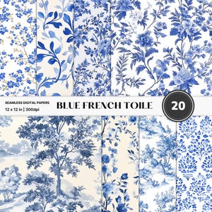 Papier numérique sans couture Toiles de Jouy, motifs floraux français vintage, graphismes de chinoiseries florales bleus et blancs, usage commercial