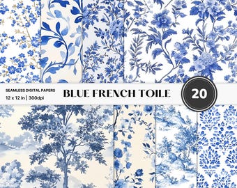 Toile de Jouy Digital Paper: French Floral Patterns (20 Pack, 12x12in)