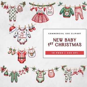 May include: A collection of Christmas-themed baby clothes and accessories, including onesies, bibs, socks, and a Santa hat, all hanging on a clothesline. The designs feature festive patterns and the text "My First Christmas". The image includes the text "NEW BABY 1ST CHRISTMAS".