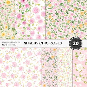 Papel digital de rosas Shabby Chic, fondos florales sin costuras JPG, rosas de acuarela rosa y amarilla, álbum de recortes, diario basura, uso comercial