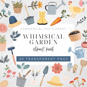 Tuin clipartpakket png, aquarel tuingereedschap en lentebloemen, grillige boerderijafbeeldingen voor scrapbooking en commercieel gebruik