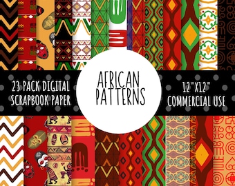Puede incluir: Un conjunto de 23 papeles digitales para scrapbooking con patrones africanos en rojo, verde, negro y amarillo. Los papeles miden 30,5 cm x 30,5 cm y son para uso comercial.