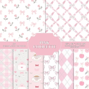Pink & White Coquette Seamless Paper Bundle, 24 Soft Girl Scrapbook Digital Patterns, Commercial Use
