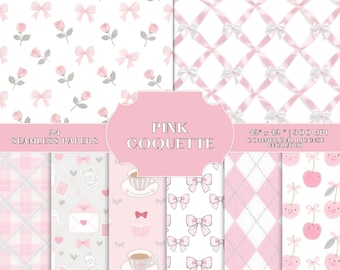 Pink & White Coquette Seamless Paper Bundle, 24 Soft Girl Scrapbook Digital Patterns, Commercial Use