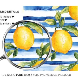 Puede incluir: Un patr&oacute;n sin costuras con limones de acuarela y hojas verdes sobre un fondo a rayas azul y blanco. El patr&oacute;n mide 12 pulgadas por 12 pulgadas y 300 DPI.