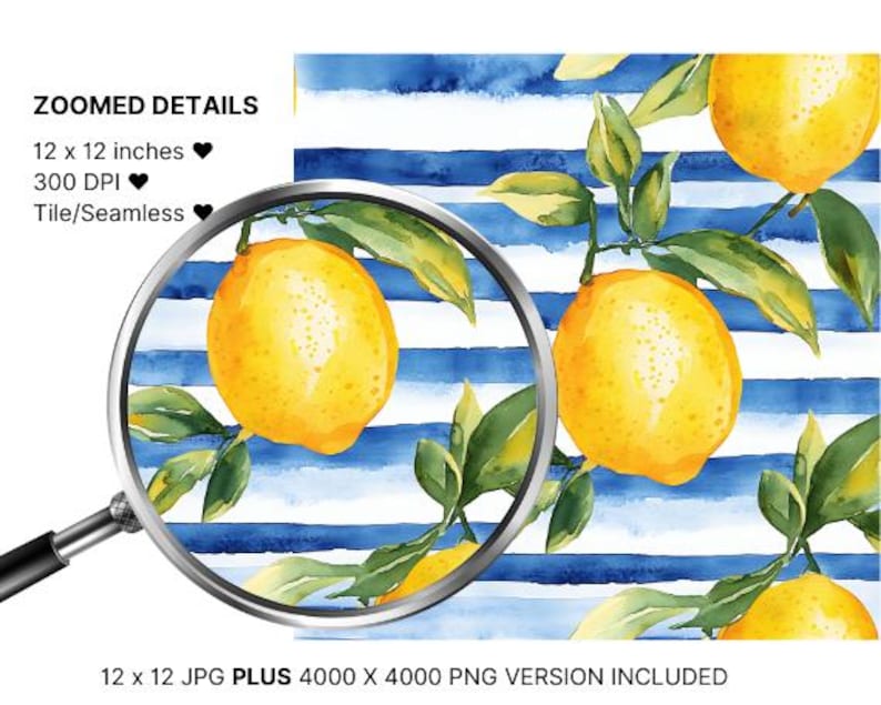 Puede incluir: Un patr&oacute;n sin costuras con limones de acuarela y hojas verdes sobre un fondo a rayas azul y blanco. El patr&oacute;n mide 12 pulgadas por 12 pulgadas y 300 DPI.