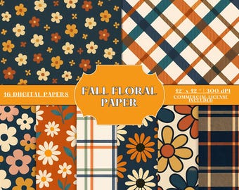 May include: A collection of 16 digital papers with fall floral patterns. The designs include floral and plaid patterns in shades of navy, orange, cream, and teal. The text "Fall Floral Paper" is displayed on an orange banner. The papers are 12 x 12 inches.