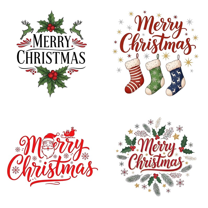 May include: Four festive Christmas designs on a white background. The designs feature the text "Merry Christmas" in different styles, alongside seasonal elements such as holly, stockings, and Santa Claus.
