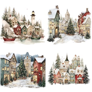 K&ouml;nnte beinhalten: Aquarellillustrationen von Winterszenen mit malerischen D&ouml;rfern und St&auml;dten. Die Bilder zeigen schneebedeckte Geb&auml;ude, Weihnachtsb&auml;ume, Boote und einen Leuchtturm, die eine festliche Urlaubsatmosph&auml;re hervorrufen. Die Kunstwerke sind in weichen, ged&auml;mpften Farben gehalten.