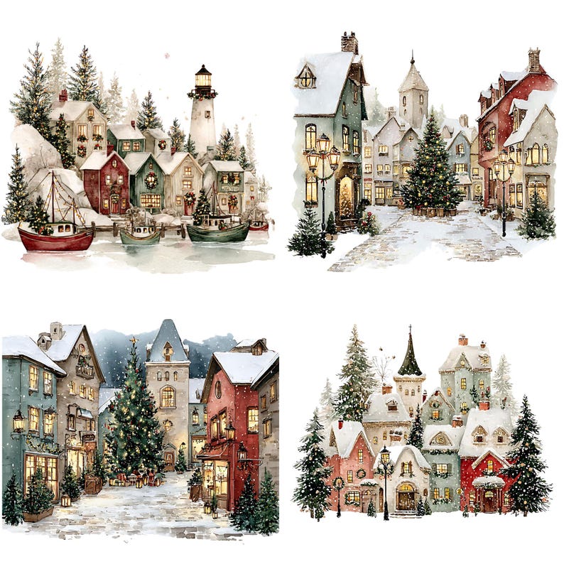 K&ouml;nnte beinhalten: Aquarellillustrationen von Winterszenen mit malerischen D&ouml;rfern und St&auml;dten. Die Bilder zeigen schneebedeckte Geb&auml;ude, Weihnachtsb&auml;ume, Boote und einen Leuchtturm, die eine festliche Urlaubsatmosph&auml;re hervorrufen. Die Kunstwerke sind in weichen, ged&auml;mpften Farben gehalten.