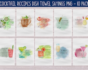 Cocktails Dish Towel PNG, Dish Towel Sublimation Bundle, Cocktail Recipes Sublimation, Kitchen Towel Pngs