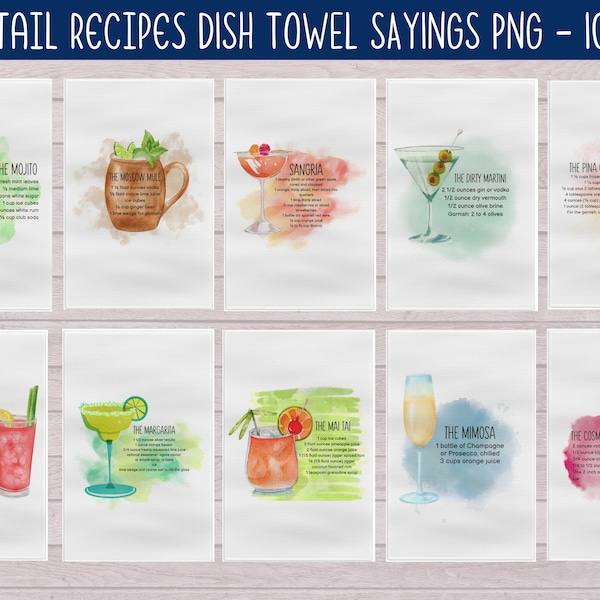 Cocktails Dish Towel PNG, Dish Towel Sublimation Bundle, Cocktail Recipes Sublimation, Kitchen Towel Pngs