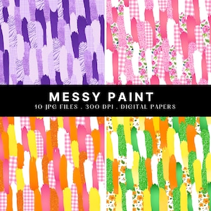 May include: Four digital paper designs with a messy paint brush stroke pattern. The patterns are purple and white, pink and white, orange and white, and green and white.