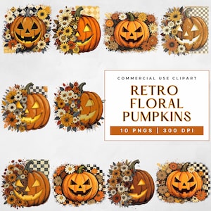 Retro Floral Pumpkin Clipart Bundle, Fall Pumpkin Shirt Png, Thanksgiving Sublimation, Autumn Png, Halloween Graphics, Commercial Use
