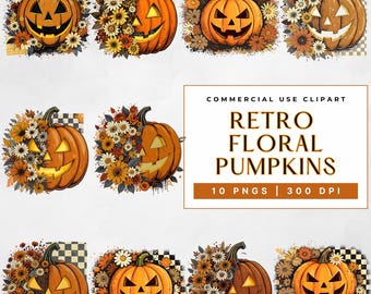 Retro Floral Pumpkin Clipart Bundle, Fall Pumpkin Shirt Png, Thanksgiving Sublimation, Autumn Png, Halloween Graphics, Commercial Use