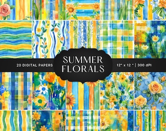 Spring Flower Digital Papers, Blue Summer Floral Watercolor Scrapbook Paper,  Bright Flower Backgrounds, Commercial Use
