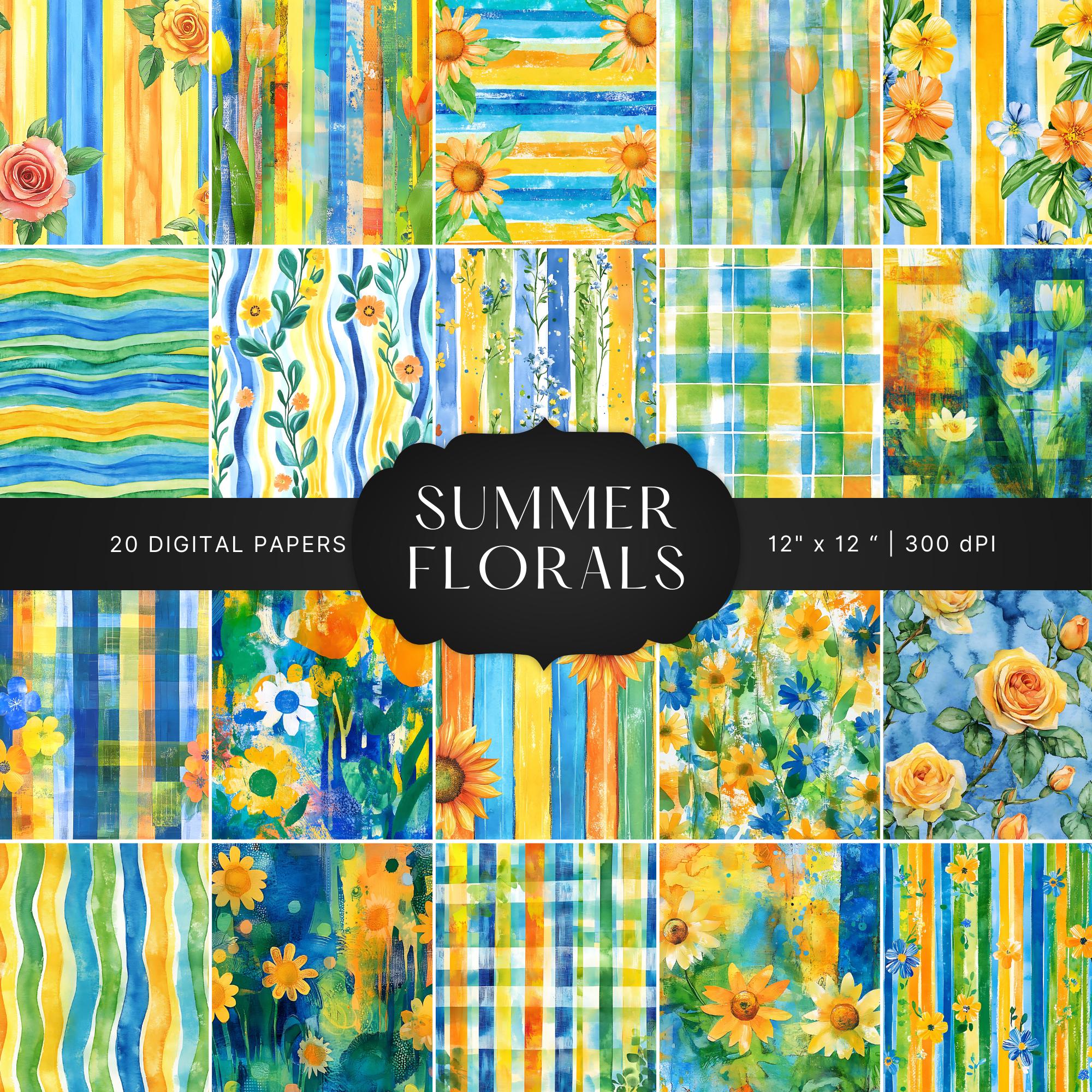 Spring Flower Digital Papers, Blue Summer Floral Watercolor Scrapbook Paper,  Bright Flower Backgrounds, Commercial Use