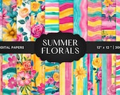 Summer Flower Digital Papers, Spring Floral Watercolor Scrapbook Paper,  Bright Flower Backgrounds, Commercial Use