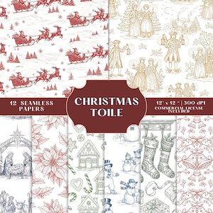May include: A collection of Christmas-themed seamless papers. The designs include Santa in a sleigh, figures in period clothing, nativity scenes, poinsettias, gingerbread houses, snowmen, stockings, and bells. The text reads "CHRISTMAS TOILE" and "12 SEAMLESS PAPERS".