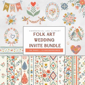 May include: A selection of folk art wedding invitation designs. The image showcases floral arrangements, banners with "Mr. & Mrs.", and "LOVE" text, along with decorative borders and patterned backgrounds. The colour scheme features soft pastels and earthy tones.