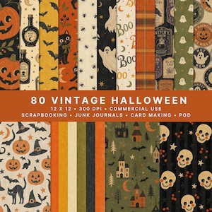 May include: A collection of 80 digital paper patterns featuring vintage Halloween themes including jack-o'-lanterns, black cats, ghosts, skulls, bats, potion bottles, haunted houses, and text elements like Boo, all in a 12 x 12 inch format at 300 DPI.