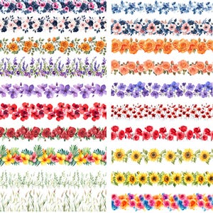 May include: A set of 18 watercolor floral borders, featuring a variety of flowers, including roses, sunflowers, lavender, and wildflowers. The borders are perfect for adding a touch of elegance and beauty to any project.