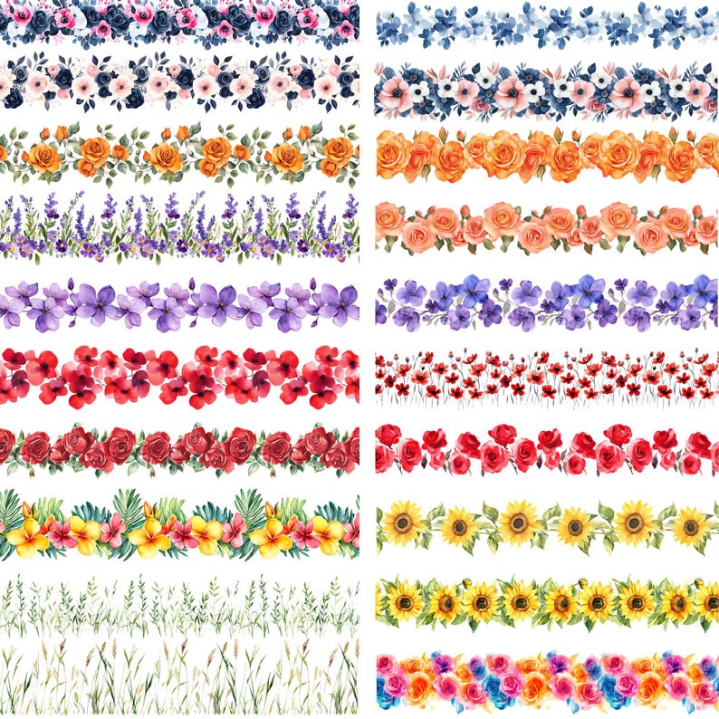 May include: A set of 18 watercolor floral borders, featuring a variety of flowers, including roses, sunflowers, lavender, and wildflowers. The borders are perfect for adding a touch of elegance and beauty to any project.