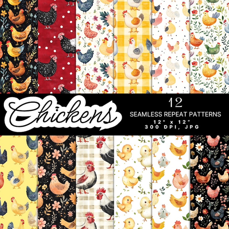 Chicken Pattern Seamless Digital Paper, Farm Roosters Pattern ...