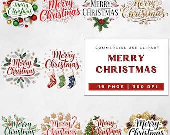 Elegantes Frohe Weihnachten Clipart Bundle, 16 PNG Sublimation für festliche Weihnachten, kommerzielle Nutzung