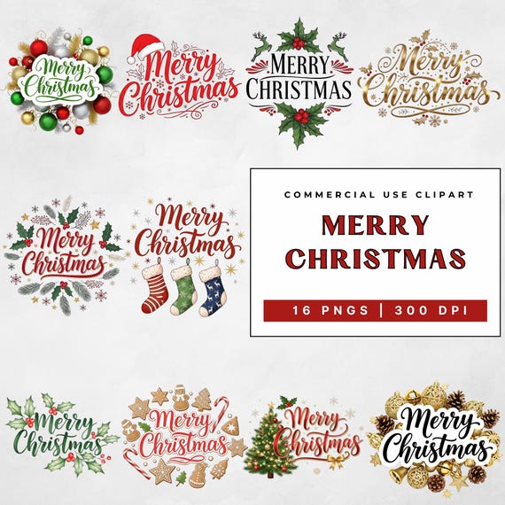 Elegant Merry Christmas Clipart Bundle, 16 PNG Festive Christmas Holiday Sublimation, Commercial Use
