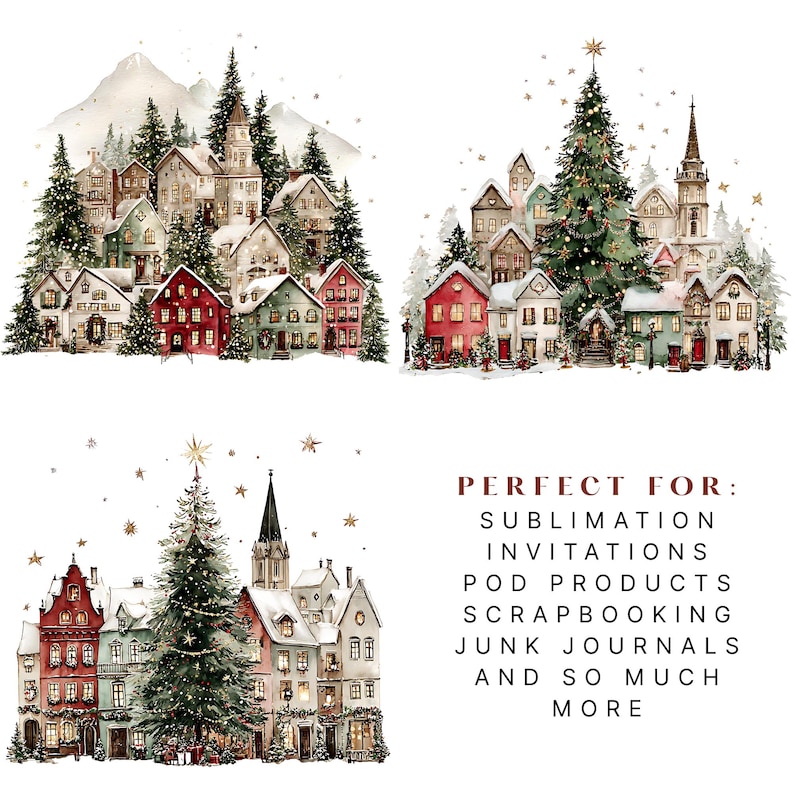 K&ouml;nnte beinhalten: Aquarellillustrationen von Weihnachtsd&ouml;rfern mit schneebedeckten D&auml;chern, immergr&uuml;nen B&auml;umen und funkelnden Lichtern. Die Bilder zeigen rote, gr&uuml;ne und beige Geb&auml;ude mit festlichem Urlaubs-Thema. Der Text auf dem Bild lautet "PERFECT FOR: SUBLIMATION INVITATIONS POD PRODUCTS SCRAPBOOKING JUNK JOURNALS AND SO MUCH MORE."