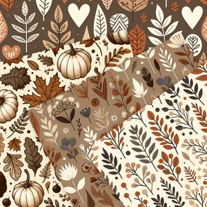 May include: A selection of patterned papers with autumnal designs. The papers display pumpkins, leaves, and floral motifs in shades of brown, beige, and cream. Ideal for craft projects and seasonal decorations.