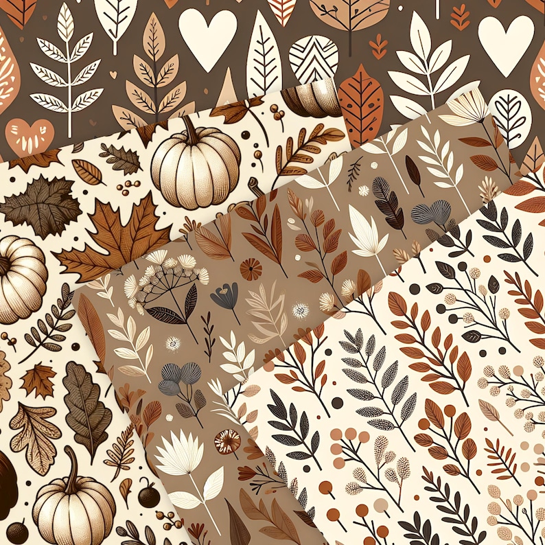 May include: A selection of patterned papers with autumnal designs. The papers display pumpkins, leaves, and floral motifs in shades of brown, beige, and cream. Ideal for craft projects and seasonal decorations.