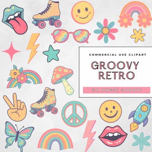 Bundle de cliparts bohème hippie, sublimation rétro groovy & POD, 50 PNG esthétiques vintage, paix, arc-en-ciel, smileys, usage Commercial
