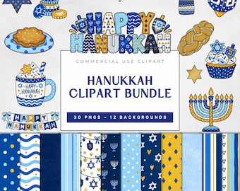 May include: A digital Hanukkah clipart bundle featuring blue and gold illustrations of a menorah, dreidels, a mug, a cupcake, challah bread, and patterned backgrounds. The text reads: HAPPY HANUKKAH, COMMERCIAL USE CLIPART, HANUKKAH CLIPART BUNDLE, 30 PNGS - 12 BACKGROUNDS.