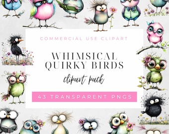 May include: A digital clipart pack of 43 whimsical, quirky birds in various poses and colours. The birds have large eyes and are depicted with a variety of expressions. The text "Whimsical Quirky Birds clipart pack" is displayed in the centre of the image.  The text "43 Transparent PNGs" is displayed below the title.