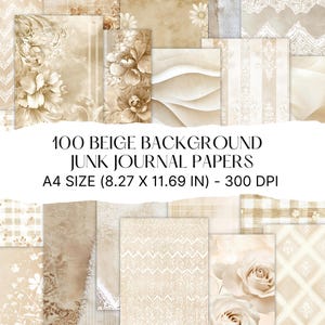 Può includere: Un collage di 100 carte digitali di sfondo beige per il junk journaling. Le carte presentano vari motivi, tra cui disegni floreali, geometrici e testurizzati. Le carte sono di formato A4 (21,0 x 29,7 cm) e 300 DPI.