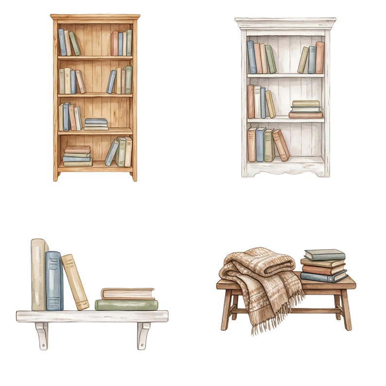 May include: Watercolor illustrations of bookshelves, a shelf, and a bench with a blanket and books. The bookshelves are wooden, one light and one dark. The shelf is white, and the bench is brown.