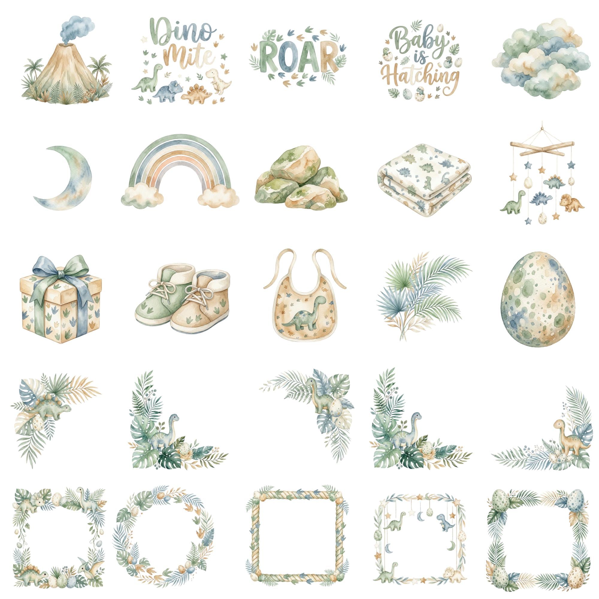 Watercolor Dinosaur Baby Clipart Paper Bundle, Prehistoric Baby Shower ...