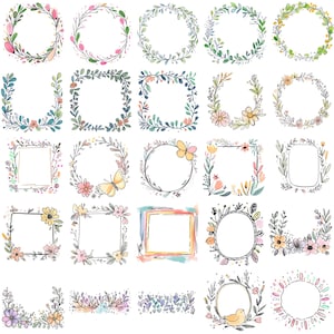 May include: A set of 25 hand-drawn floral wreaths and frames in various shapes and sizes. The frames are in shades of pink, blue, green, and yellow. Some frames feature butterflies and birds.