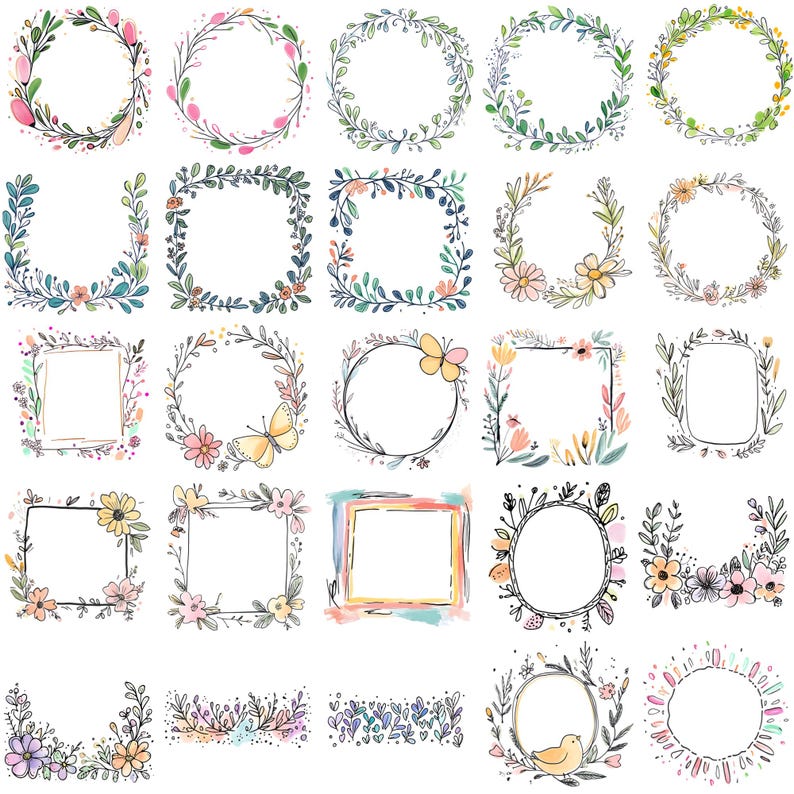 May include: A set of 25 hand-drawn floral wreaths and frames in various shapes and sizes. The frames are in shades of pink, blue, green, and yellow. Some frames feature butterflies and birds.